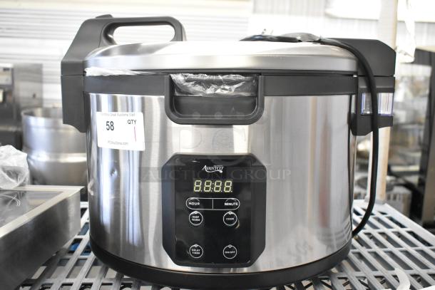 Brand new Avantco 177RCSB90 90 Cup digital rice cooker/warmer with hinged lid, slight dent shown, 240V, 1 phase.