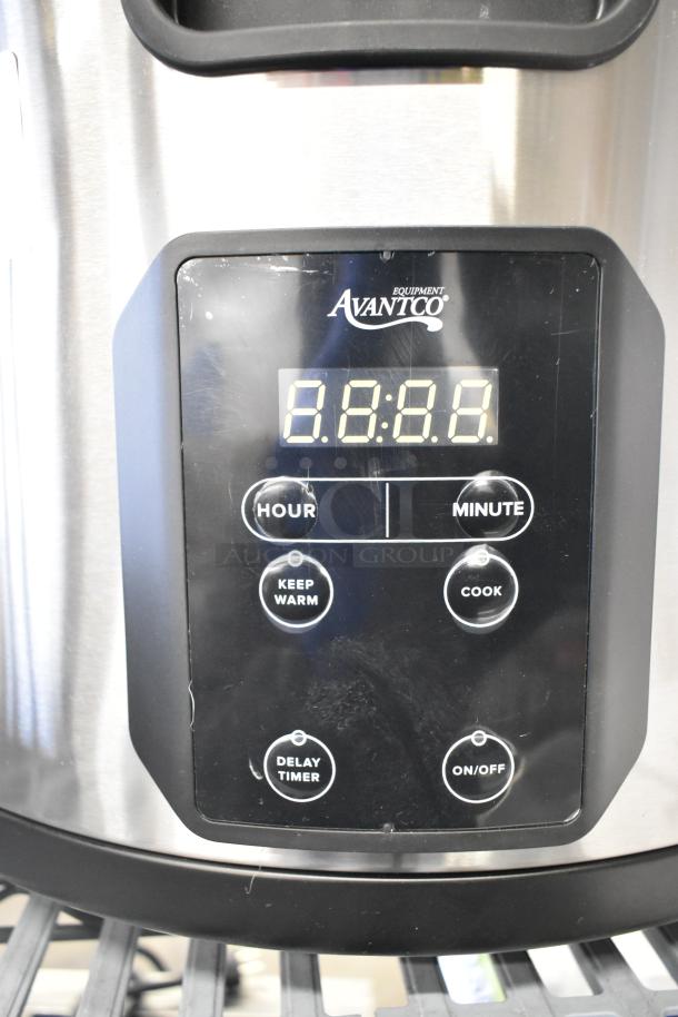 Avantco 177RCSB90 digital rice cooker/warmer, 90 cup capacity, stainless finish, scratch and dent condition, 240V. Digital controls visible.