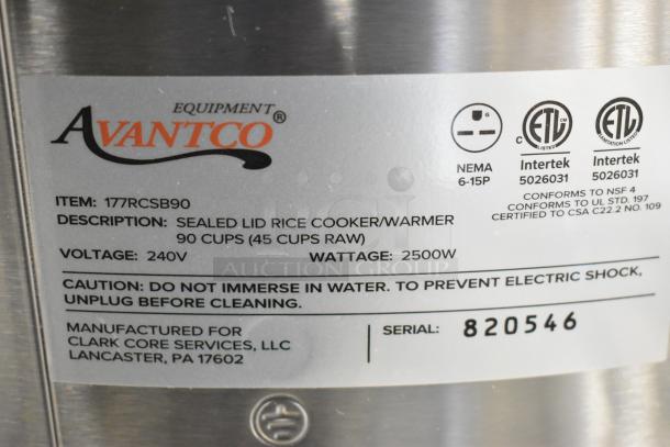 Avantco 177RCSB90 digital electric rice cooker, 90 cup capacity, 240V, with caution labeling; brand new scratch and dent.