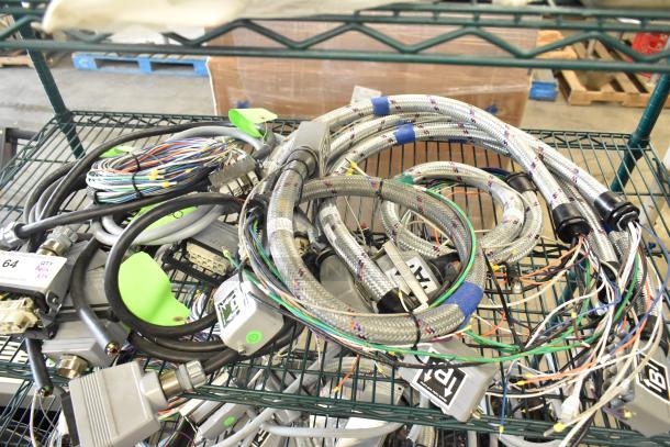 Various industrial wires and connectors, mixed lot of 14 items. Features braided and multi-color cables. Visible labels indicate quantity and specifications.