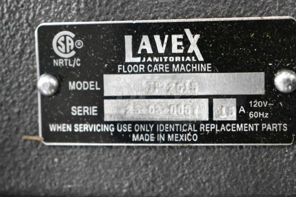 Label of the Lavex TP-2015 Floor Cleaning Machine, 120V, showing model and series number, made in Mexico.