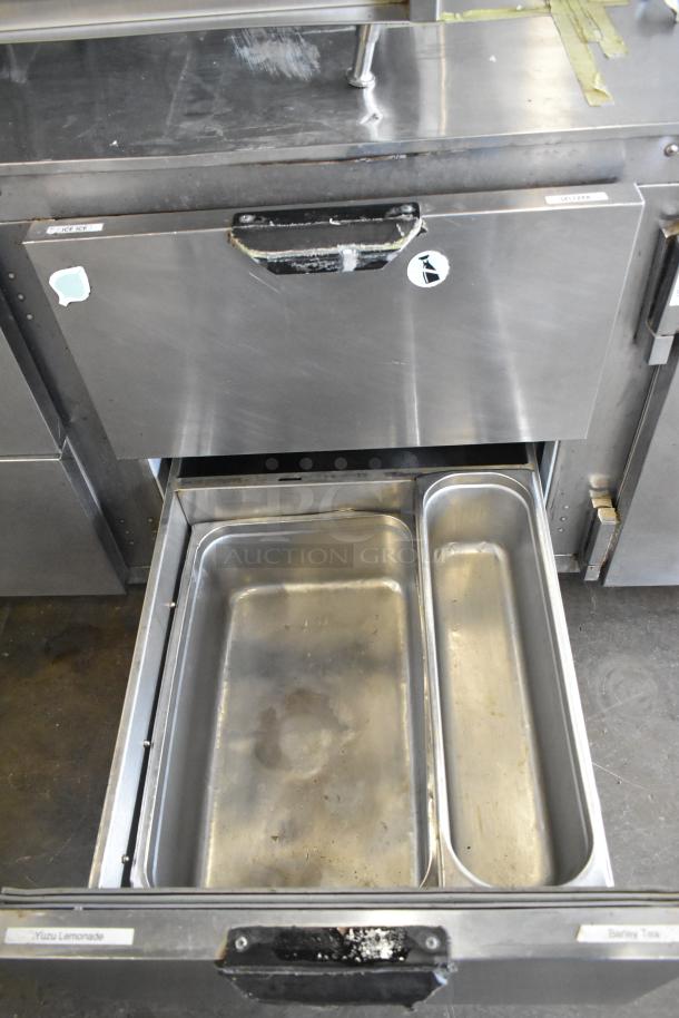 Beverage Air UCRD93A-4-23 stainless steel undercounter cooler with 4 drawers, 1 door, and commercial casters. 115 volts, 1 phase.