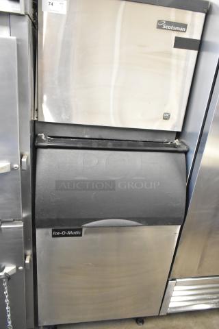 Scotsman CME806AS-32F Stainless Steel Commercial Ice Head on Ice-O-Matic B55HSB Commercial Ice Bin. 208/230 Volts, 1 Phase. - Item #1222365
