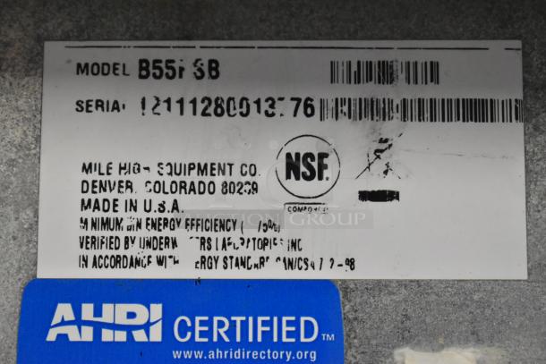 Scotsman CME806AS-32F ice head on Ice-O-Matic B55HSB bin. Stainless steel, 208/230V, 1 phase, NSF certified. Model and serial number visible.