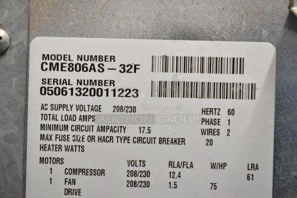 Label showing Scotsman CME806AS-32F specs: 208/230 volts, 1 phase, model and serial number displayed.