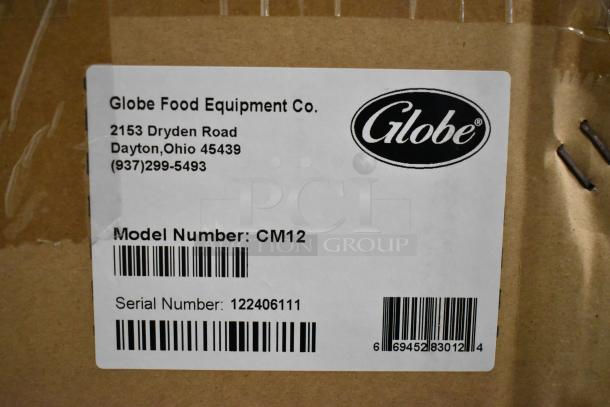 Globe CM12 stainless steel commercial meat chopper, brand new in box, #12 head size, processes 250 lbs/hr, 115V, 1 phase.