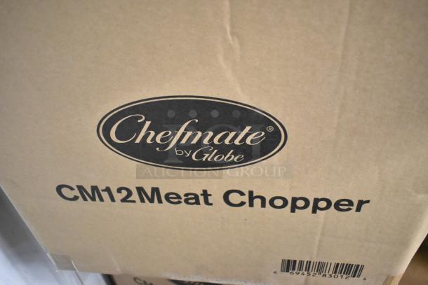 Brand new Globe CM12 stainless steel commercial meat chopper box, #12 head, 250 lbs/hr, 115V, 1 phase.