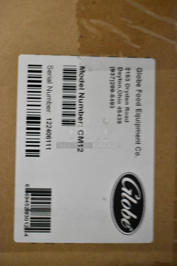 Box label for Globe CM12 Stainless Steel Meat Chopper, 250 lbs/hr, 115V, Model: CM12, Serial: 122406111.