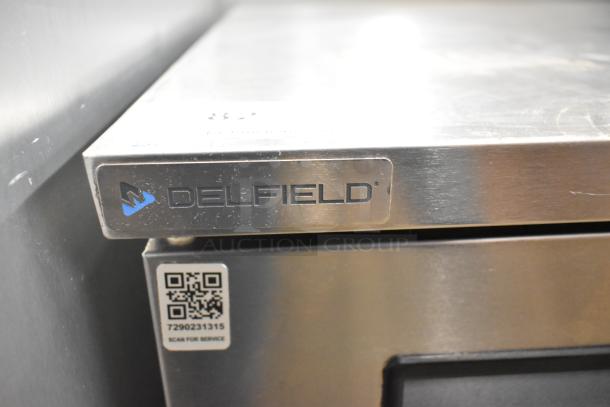 2021 Delfield 406P-STAR4 stainless steel undercounter cooler, single door, 115V, 1 phase, QR code for service visible.