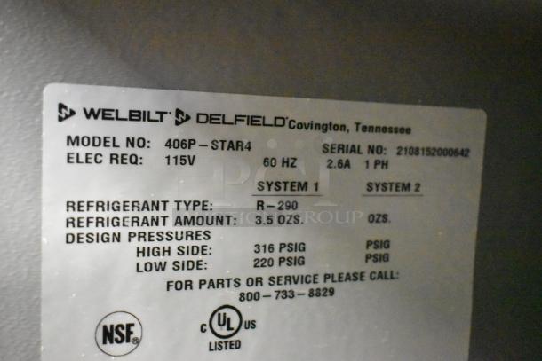 2021 Delfield 406P-STAR4 stainless cooler label, shows 115V, 60Hz, R-290 refrigerant, 3.5 oz., NSF, UL listed.