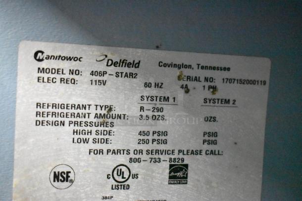 2017 Delfield 406P-STAR2 Stainless Steel Cooler label showing model, electrical, refrigerant details. NSF certified.