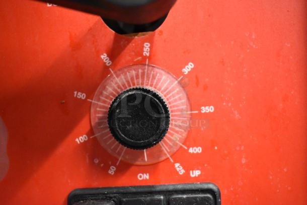 Control knob of Vulcan stainless steel braising pan showing temperature settings from 50 to 425 degrees.