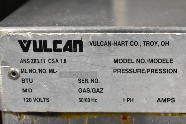 Vulcan stainless steel braising pan label, 90,000 BTU, natural gas, commercial use, model info visible, Vulcan-Hart Co.