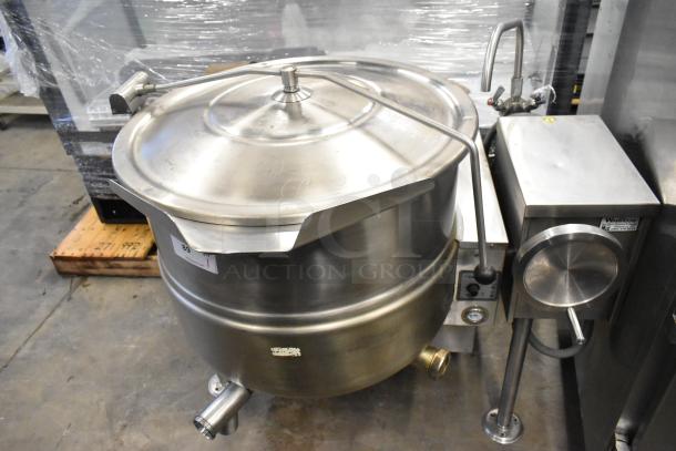 Cleveland KGL-40-T 40-gallon stainless steel commercial steam kettle, floor style, 140,000 BTU, in good condition.