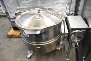 Cleveland KGL-40-T 40-gallon stainless steel commercial steam kettle, floor style, 140,000 BTU, in good condition.