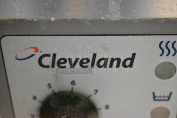 Cleveland KGL-40-T control panel, showing brand logo and temperature dial. Stainless steel, 40-gallon steam kettle, 140,000 BTU.