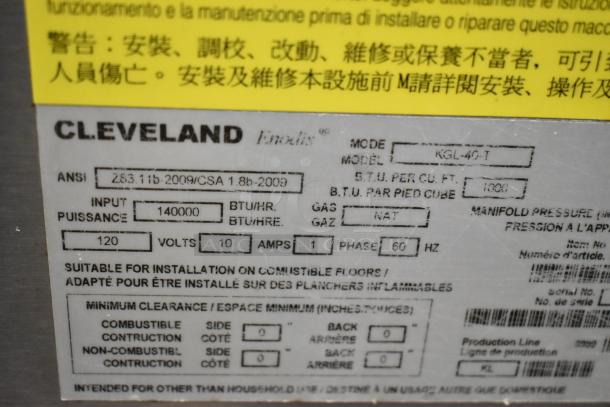 Cleveland KGL-40-T stainless steel 40-gallon steam kettle label, 140,000 BTU, suitable for combustible floor installation.
