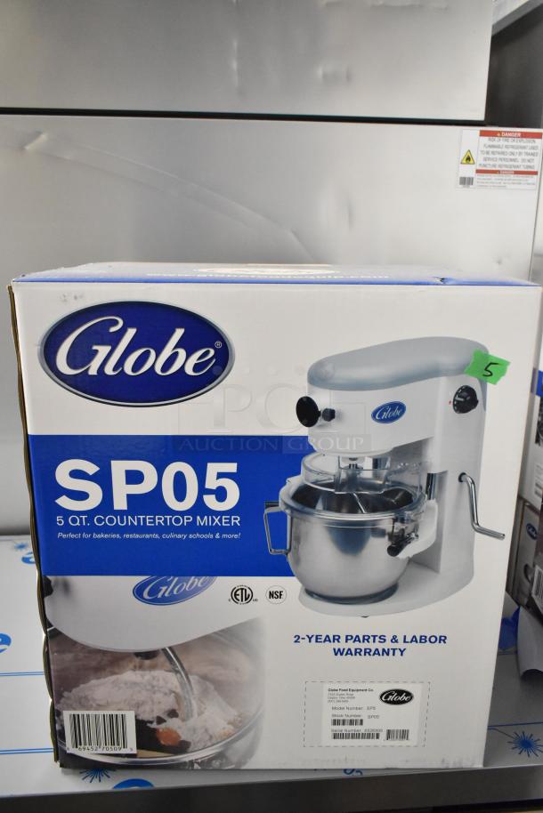 Brand new Globe SP05 5 Quart Planetary Dough Mixer in original box. Includes 115 volts, 1 phase, 2-year warranty.