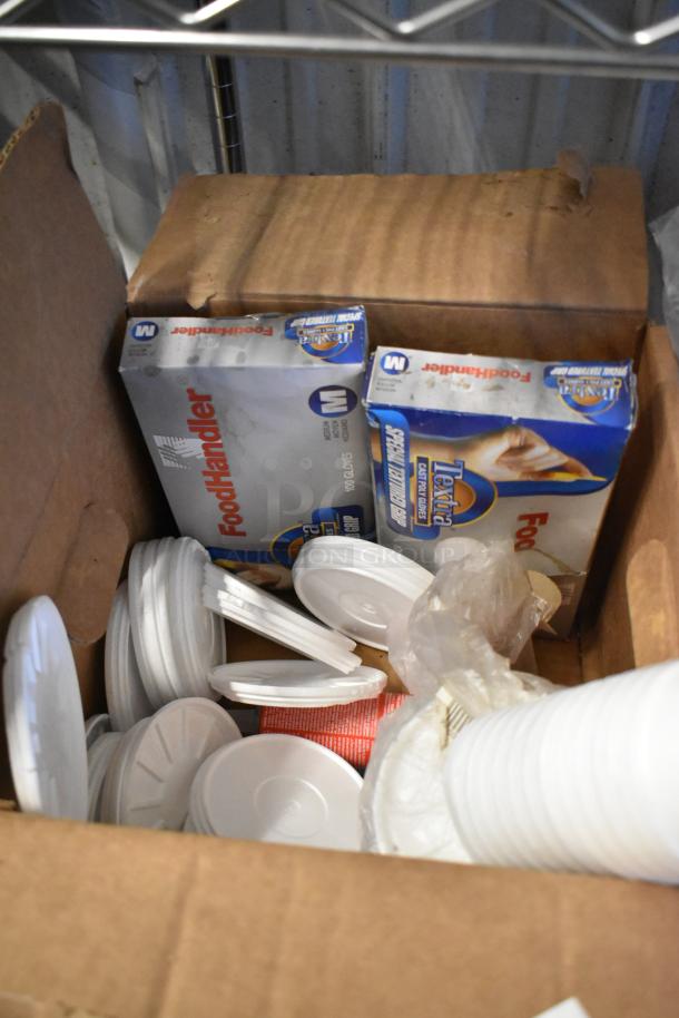 Lot of various items: poly drop-in bins, disposable gloves, and plastic lids in boxes. Excludes shelving unit.