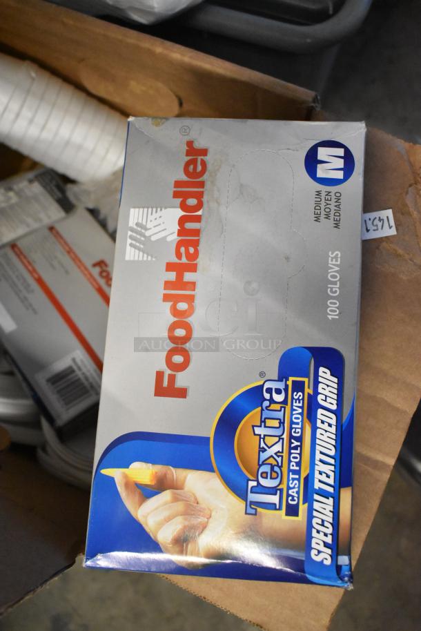 Lot of various items including FoodHandler Textra gloves, medium size, 100 count. Excludes shelving unit.