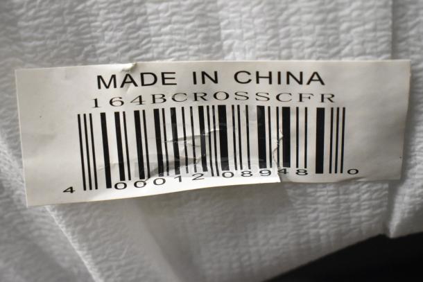 Barcode label showing "Made in China" and model number 164BCROSSCFR for Lancaster Table & Seating gray metal bar height chair.