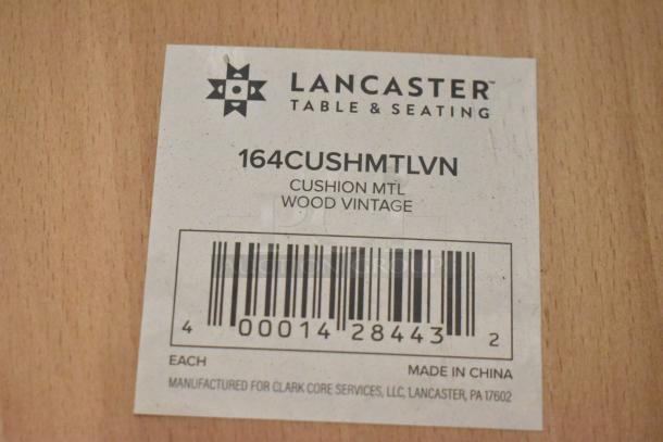 Label on Lancaster Table & Seating chair showing model 164CUSHMTLVN, Cushion MTL Wood Vintage, made in China.