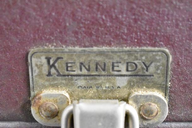 Kennedy fishing tackle box, made in USA, metal clasp detail, vintage condition.