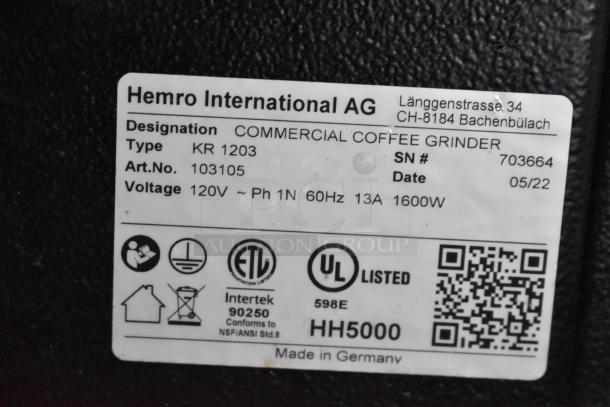 2022 Hemro KR1203 commercial coffee grinder label. 120V, 1 Phase, 1600W. Made in Germany, ETL and UL listed.