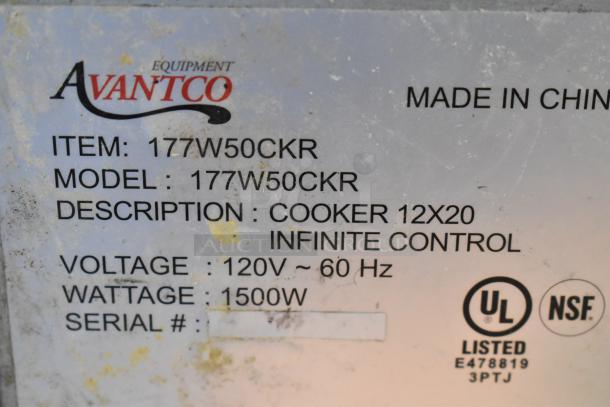 Avantco 177W50CKR stainless steel commercial food warmer label showing model, voltage 120V, 1500W, and certifications.
