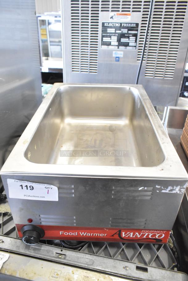 Avantco 177W50 stainless steel commercial food warmer, 120V, single phase, visible scratches, includes manufacturer's label.