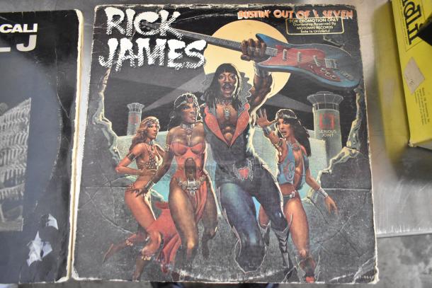 Three-item set including Rick James "Bustin' Out of L Seven" promotional record, LL Cool J record, and KIT-32A-BKA belt slide kit.