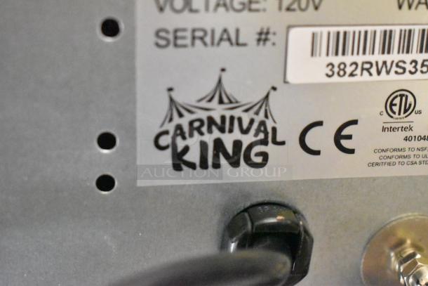 Carnival King 382RWS35 stainless steel countertop warmer, CE and ETL certified label, 120V, model info visible.