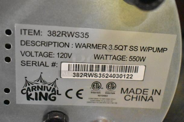 Carnival King 382RWS35 commercial warmer label showing model, voltage, and serial number. Stainless steel, 120V, 550W.