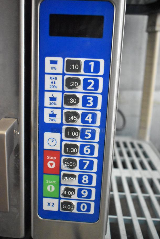 Brand new Solwave SWA21T stainless steel commercial microwave, 208/240V, 1 phase. Control panel with 10 settings shown.