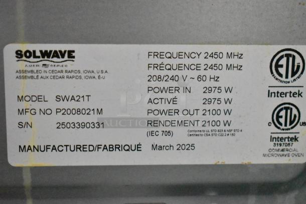 BRAND NEW Solwave SWA21T Stainless Steel Commercial Countertop Microwave Oven, 208/240V, 1 Phase, slight scratches, tag details specs.