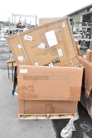 Cardboard boxes of brand new, scratch and dent items including grease trap, filler table, wall cabinet. Boxes labeled with shipping details.