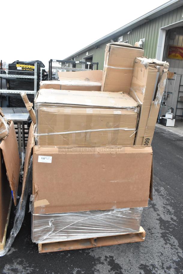 Cardboard boxes containing 16 new scratch and dent items, including a work table, legs, faucet, and chafer, on a pallet.