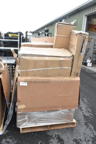 Cardboard boxes containing 16 new scratch and dent items, including a work table, legs, faucet, and chafer, on a pallet.