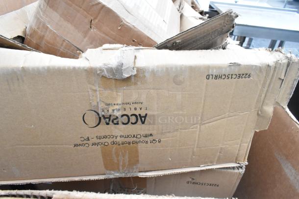 Damaged box labeled "Acco Table Cover" containing brand new scratch and dent items like work table, legs, faucet, chafer.