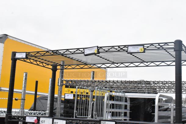 Black 6-tier wire shelving unit in good condition, buyer to dismantle. Visible labels indicate storage categories.