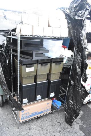 Chrome finish 3-tier wire shelving unit with contents, including lid organizer and various storage boxes. Buyer must dismantle.