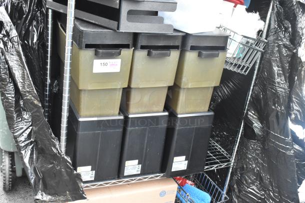 Chrome finish 3-tier wire shelving unit with lid organizer contents, includes labeled stackable bins. Buyer must dismantle.