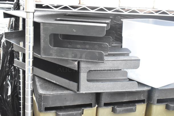 Chrome finish 3-tier wire shelving unit with lid organizer and contents. Good condition. Buyer must dismantle for shipping.