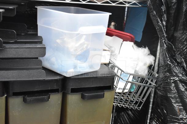 Chrome finish 3-tier wire shelving unit with contents, including lid organizer. Condition appears good. Buyer must dismantle.