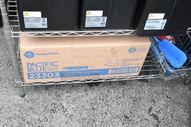 Chrome finish 3-tier wire shelving unit with contents including lid organizer. Includes Pacific Blue box. Buyer must dismantle.