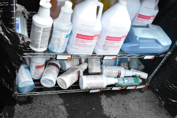 Chrome finish 6-tier wire shelving unit with various cleaning products. Includes lotion hand soap and microfiber duster refill. Buyer must dismantle.