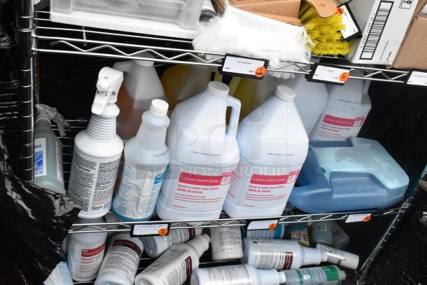 Chrome finish 6-tier wire shelving unit with lotion hand soap, sprays, and microfiber duster refill. Buyer must dismantle.