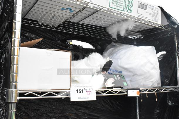 Chrome finish 6-tier wire shelving unit with contents including lotion hand soap and microfiber duster refill. Buyer must dismantle.