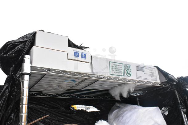 Chrome finish 6-tier wire shelving unit with boxes, lotion hand soap, and microfiber duster refill. Buyer to dismantle.