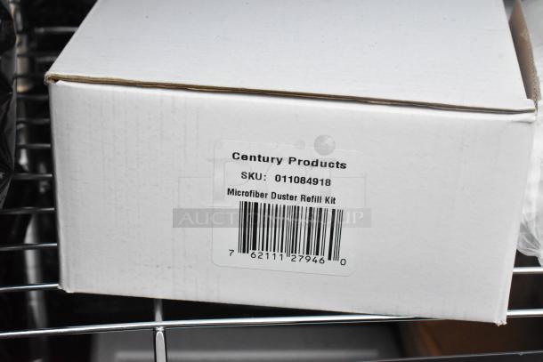 Chrome finish 6-tier wire shelving unit with lotion hand soap and Century Products microfiber duster refill kit.